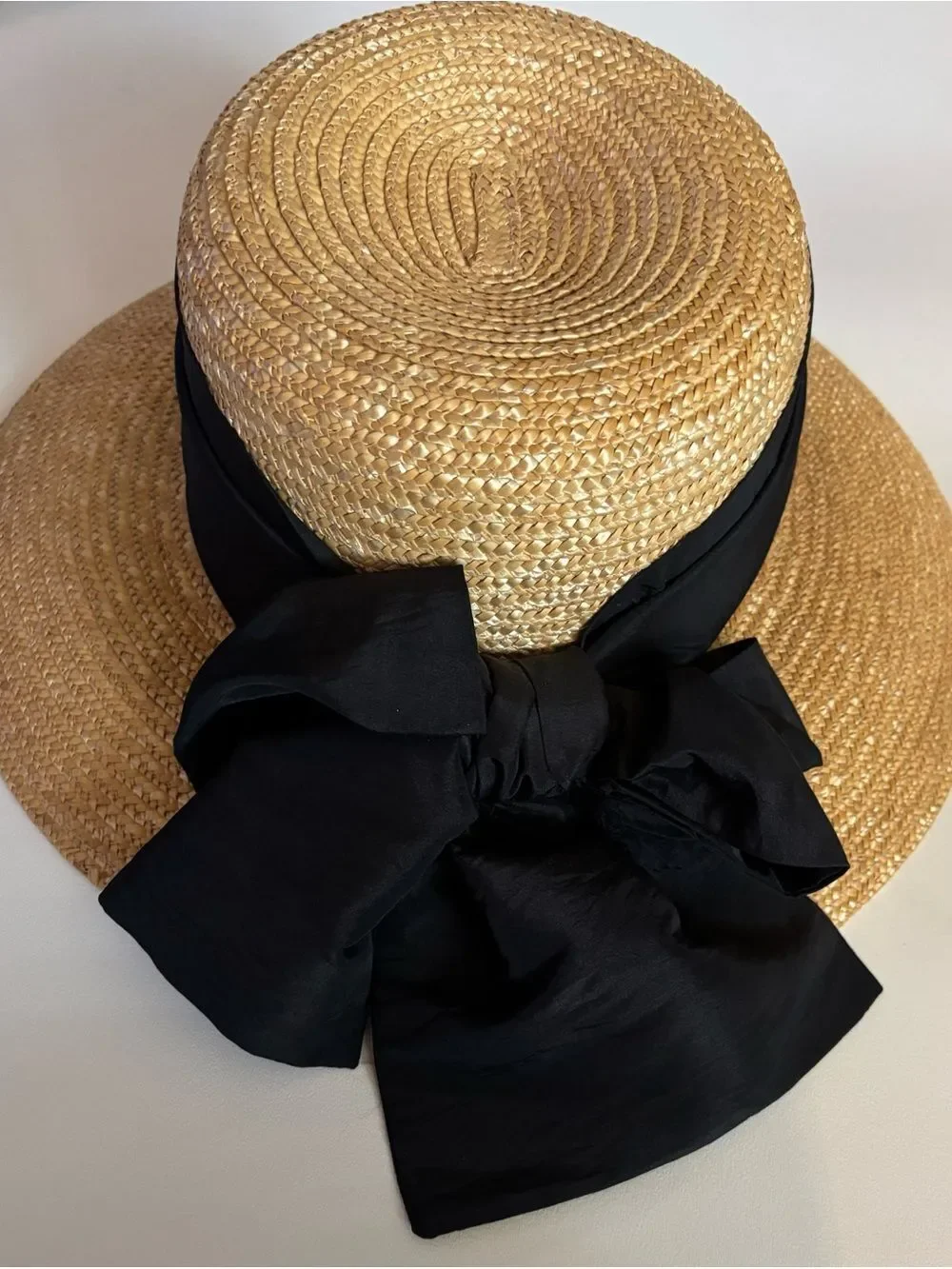 Vintage Giovannio Classic Straw Boater Hat ~ Dupioni Silk Ribbon Bow